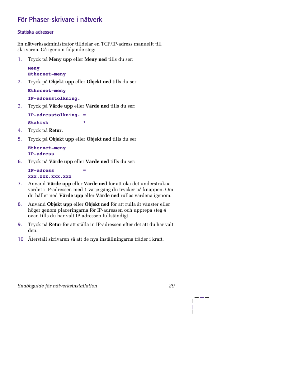 För phaser-skrivare i nätverk, Statiska adresser | Xerox XERORPHASER 5400 User Manual | Page 35 / 40