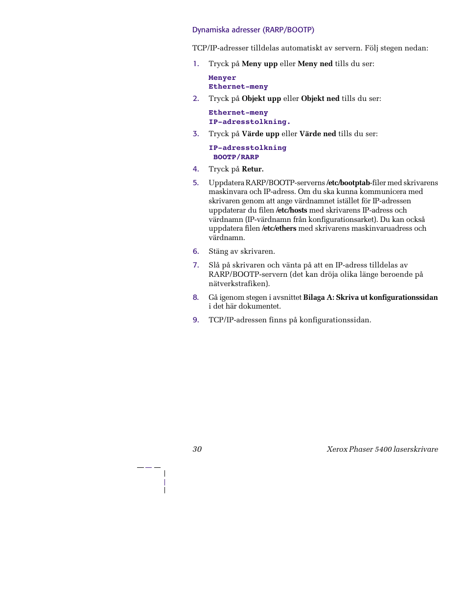 Dynamiska adresser (rarp/bootp) | Xerox XERORPHASER 5400 User Manual | Page 36 / 40