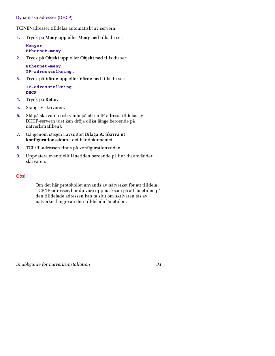 Dynamiska adresser (dhcp) | Xerox XERORPHASER 5400 User Manual | Page 37 / 40