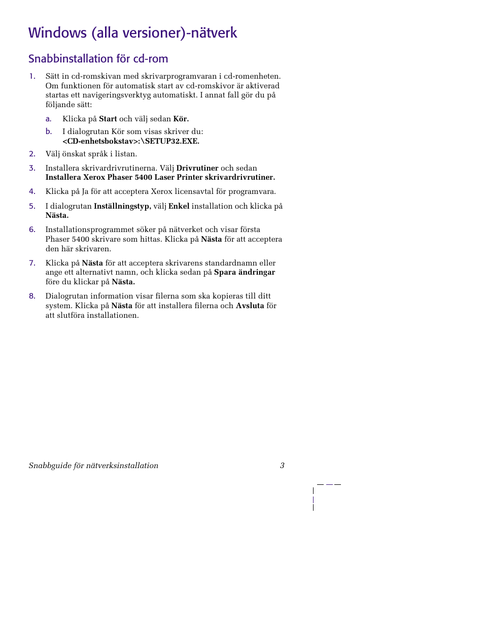 Windows (alla versioner)-nätverk, Snabbinstallation för cd-rom | Xerox XERORPHASER 5400 User Manual | Page 9 / 40