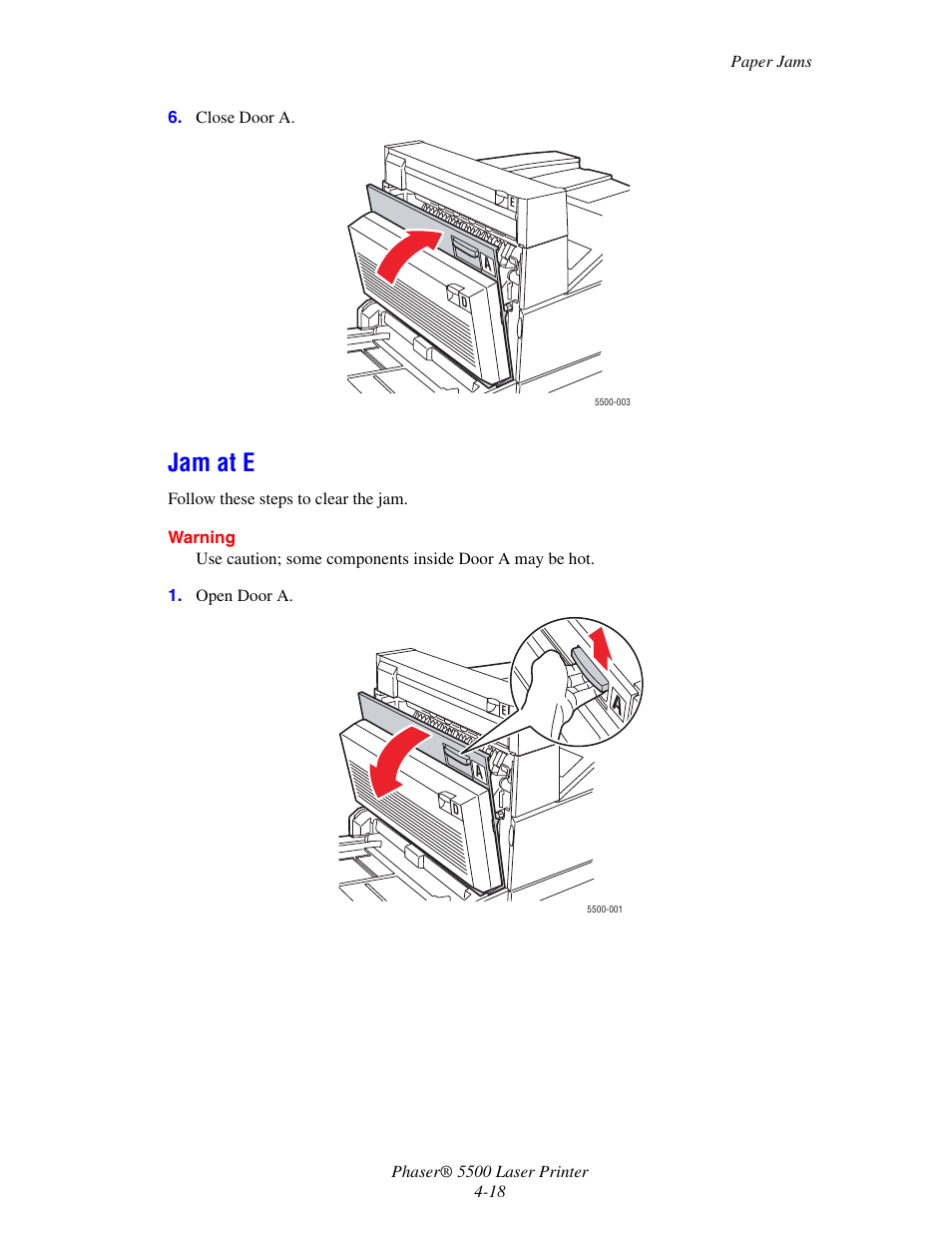 Jam at e | Xerox Phaser Printer 5500 User Manual | Page 16 / 50