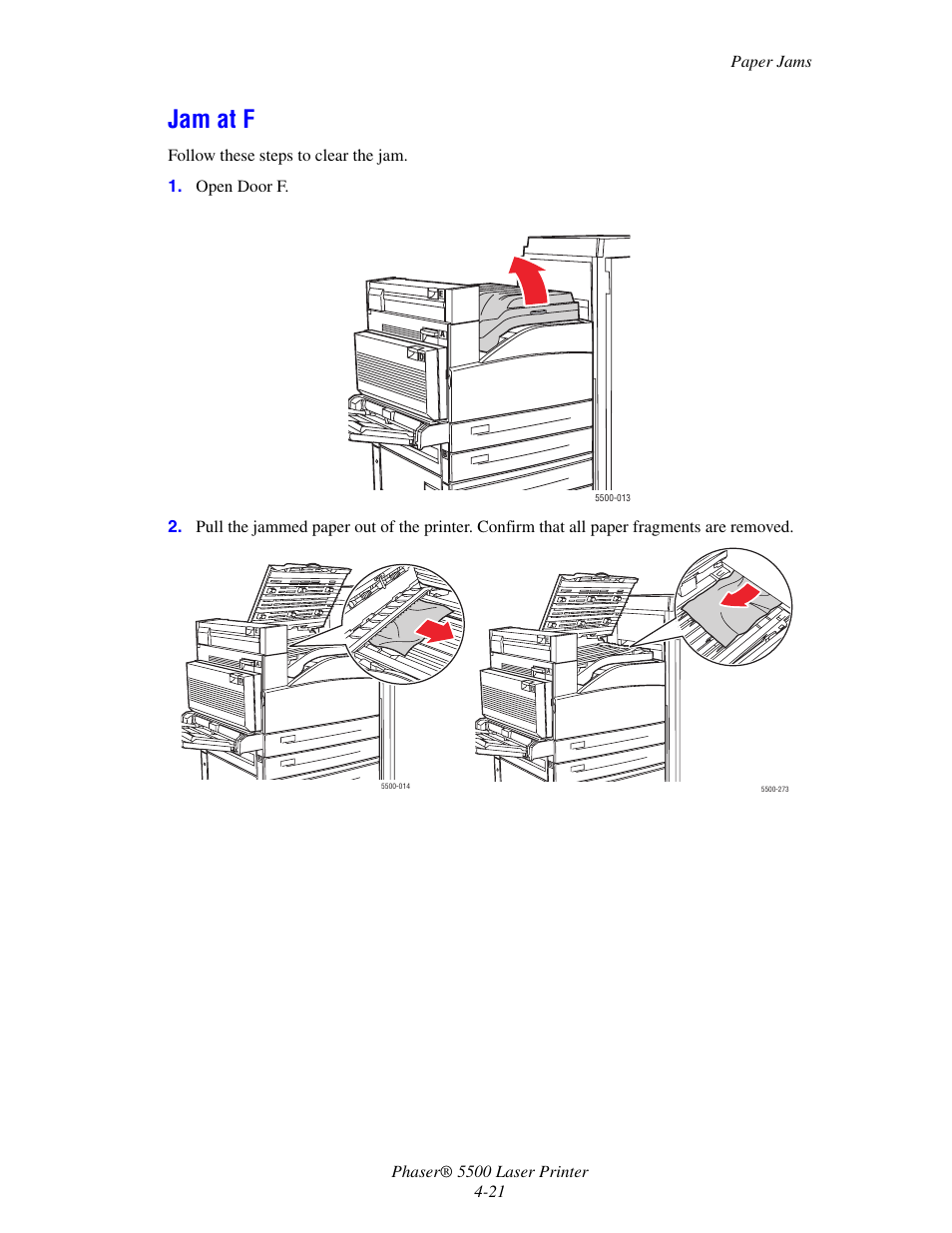 Jam at f | Xerox Phaser Printer 5500 User Manual | Page 19 / 50