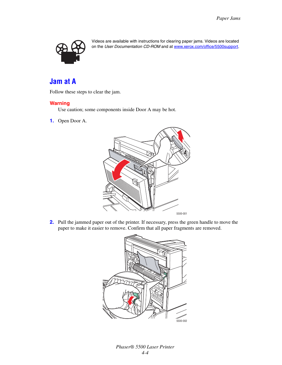 Jam at a | Xerox Phaser Printer 5500 User Manual | Page 2 / 50