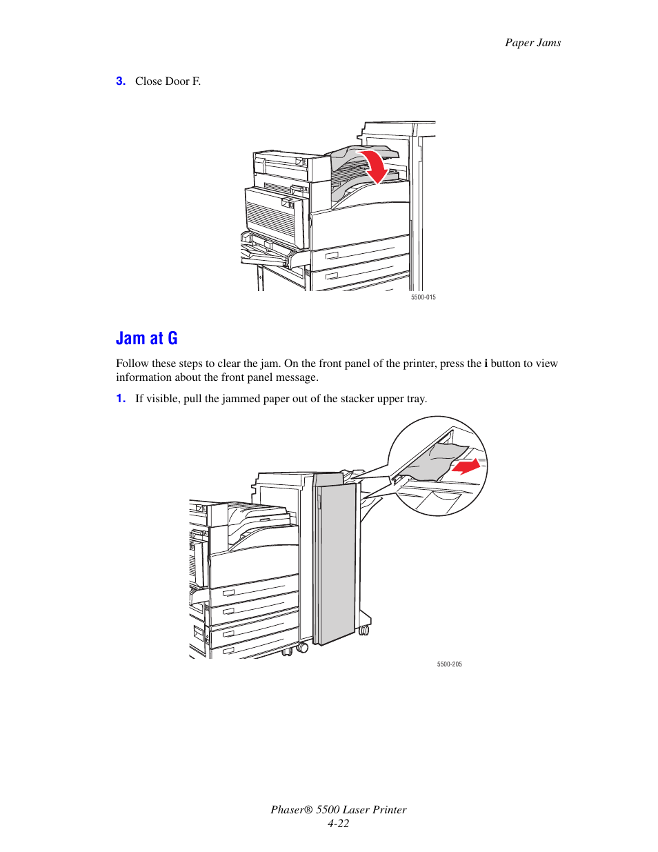 Jam at g | Xerox Phaser Printer 5500 User Manual | Page 20 / 50