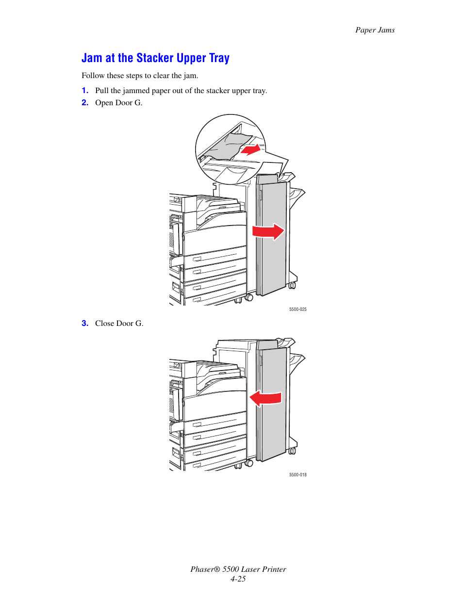 Jam at the stacker upper tray | Xerox Phaser Printer 5500 User Manual | Page 23 / 50