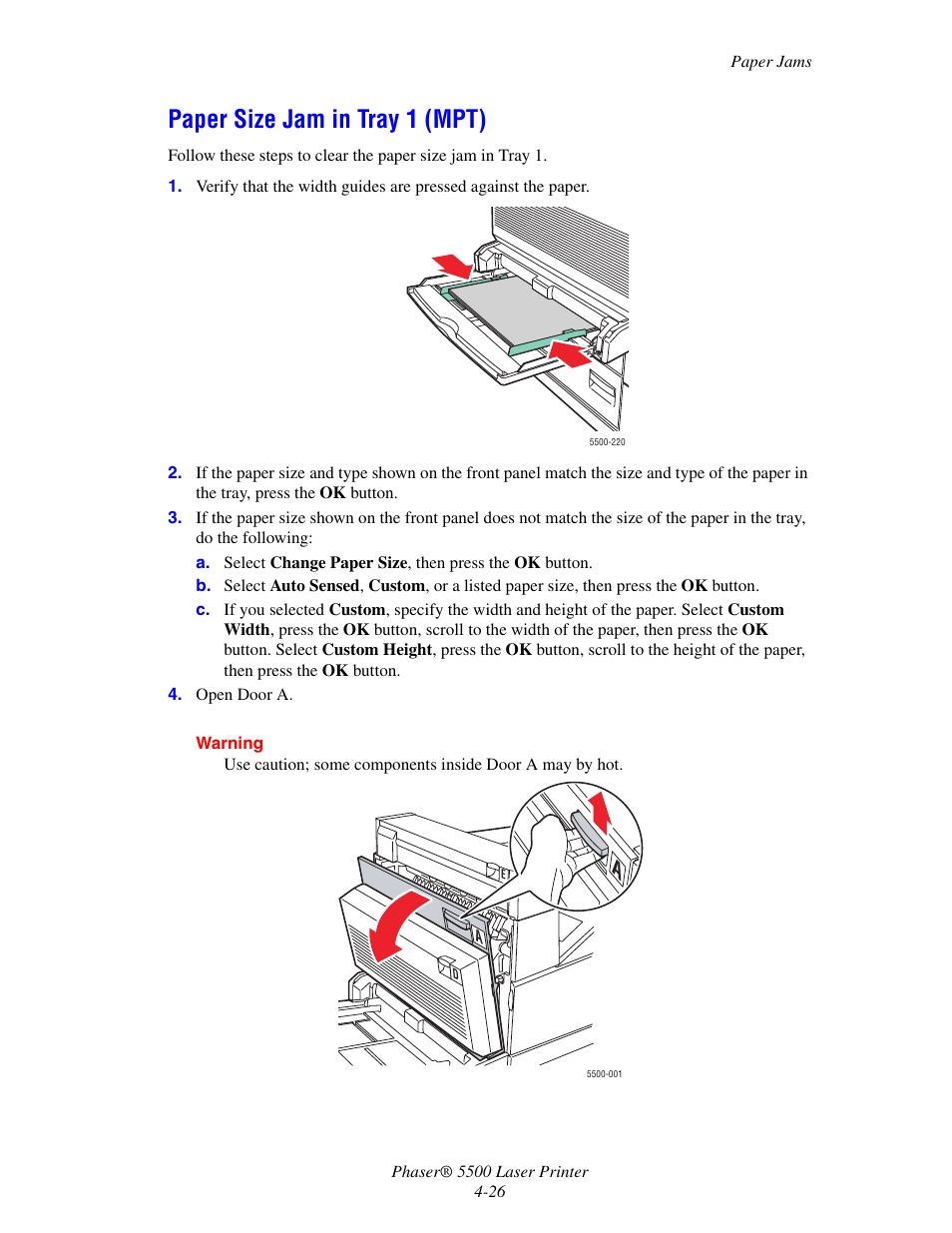 Paper size jam in tray 1 (mpt) | Xerox Phaser Printer 5500 User Manual | Page 24 / 50