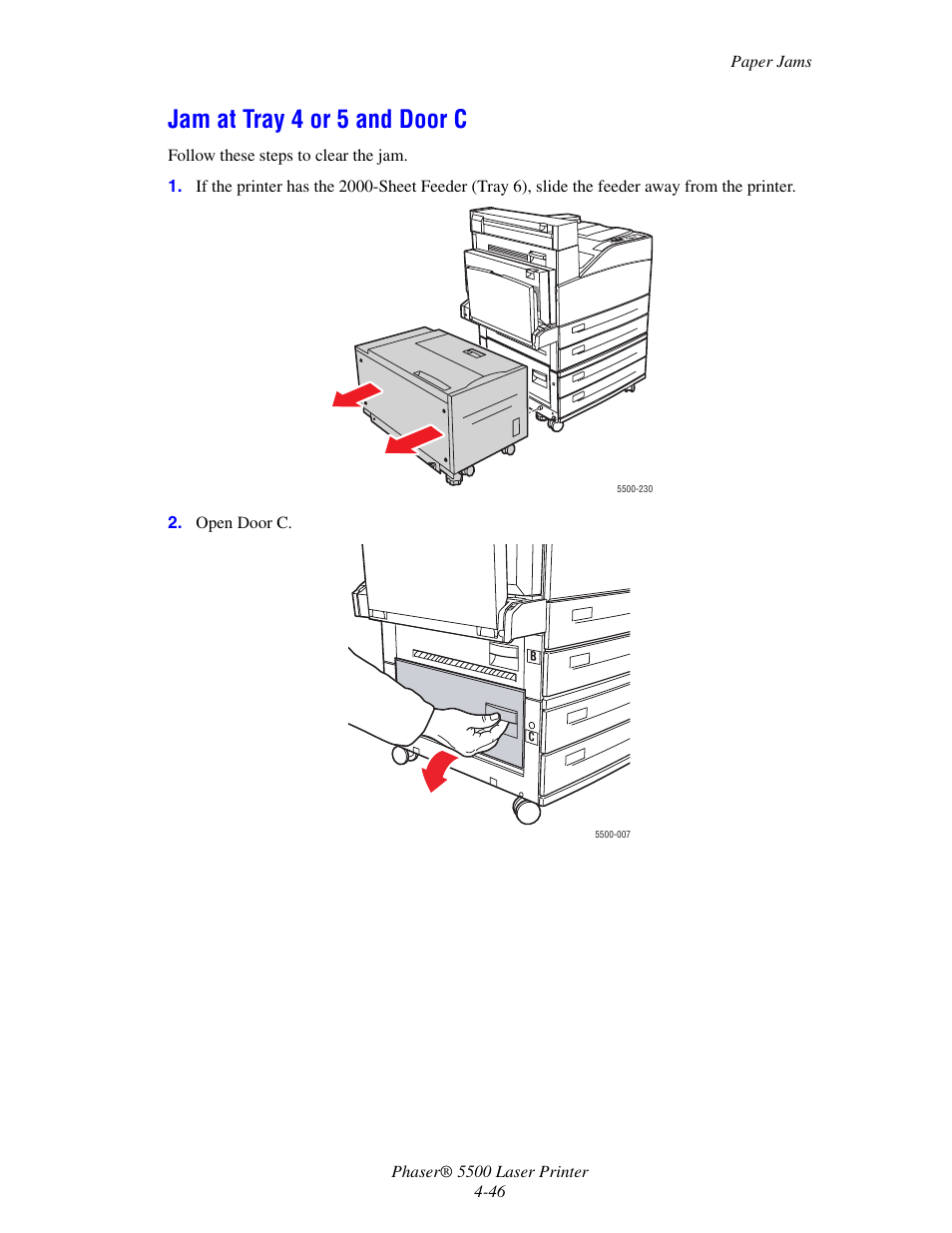 Jam at tray 4 or 5 and door c | Xerox Phaser Printer 5500 User Manual | Page 44 / 50