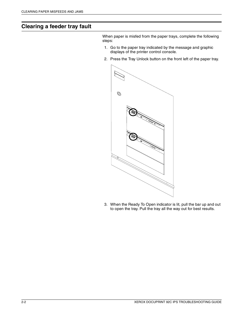 Clearing a feeder tray fault | Xerox 92C IPS User Manual | Page 16 / 49