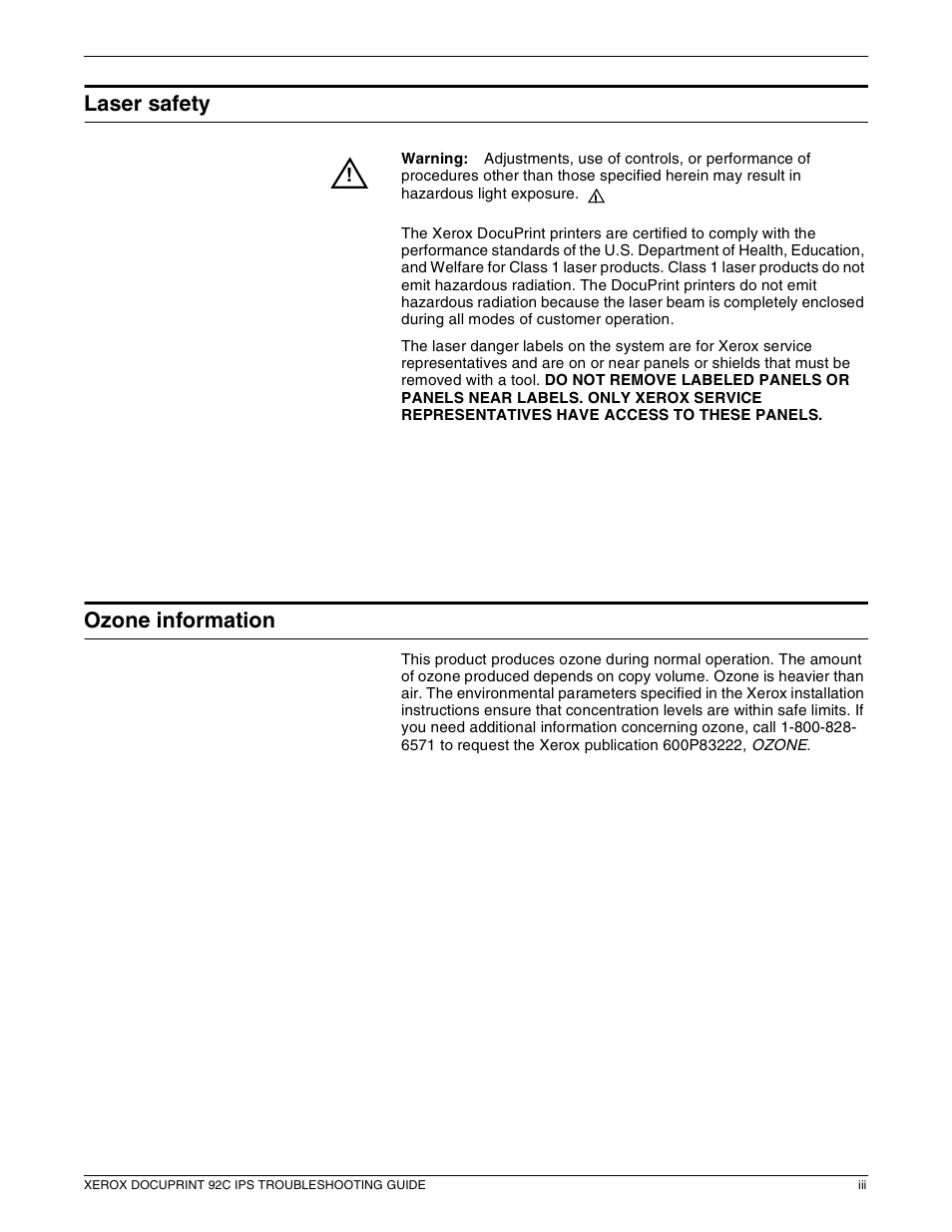 Laser safety, Ozone information | Xerox 92C IPS User Manual | Page 3 / 49