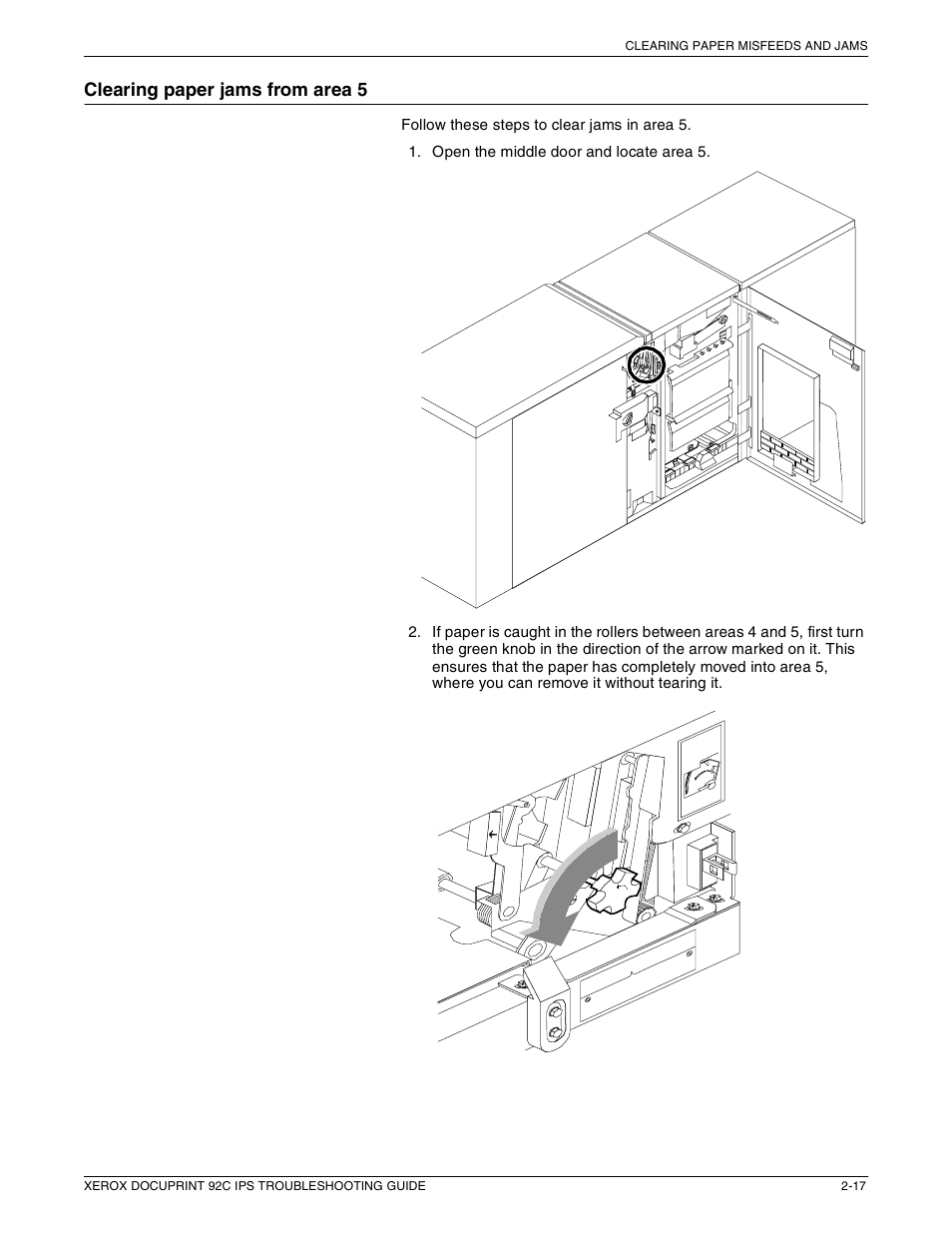 Clearing paper jams from area 5 | Xerox 92C IPS User Manual | Page 31 / 49