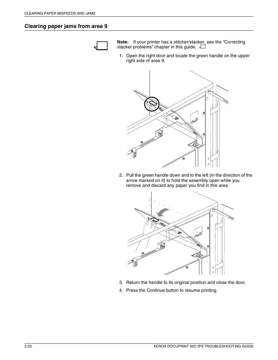Clearing paper jams from area 9 | Xerox 92C IPS User Manual | Page 36 / 49