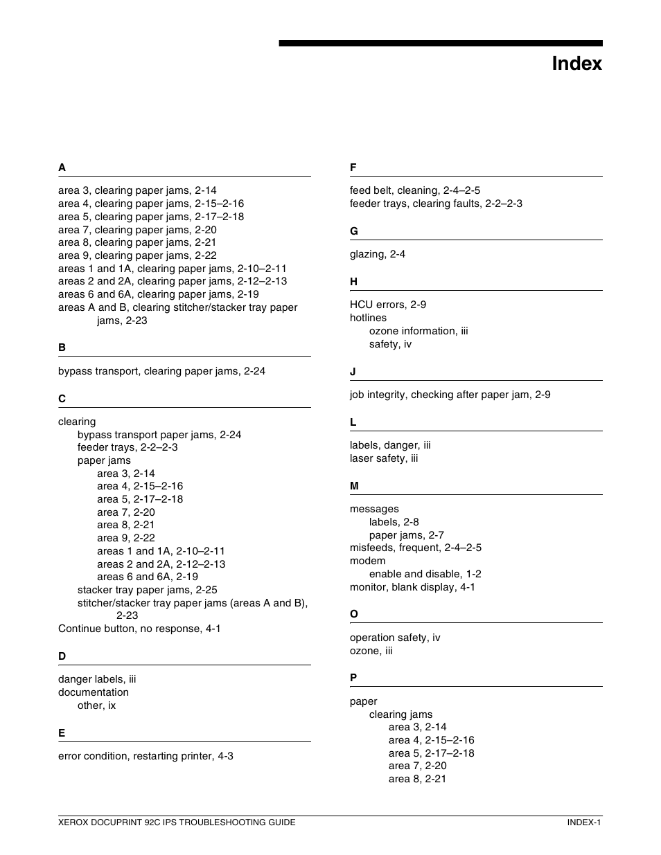 Index | Xerox 92C IPS User Manual | Page 47 / 49