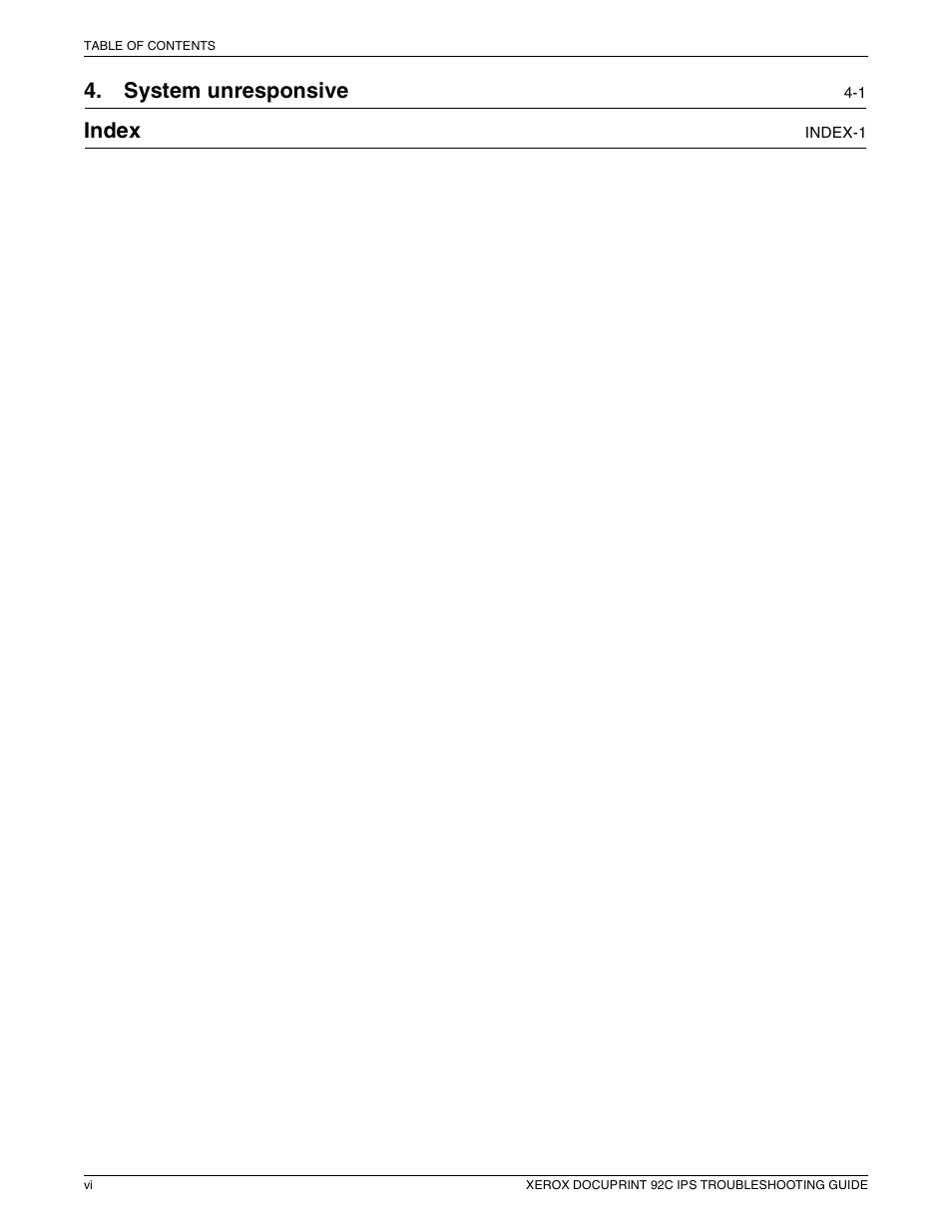 System unresponsive, Index | Xerox 92C IPS User Manual | Page 6 / 49