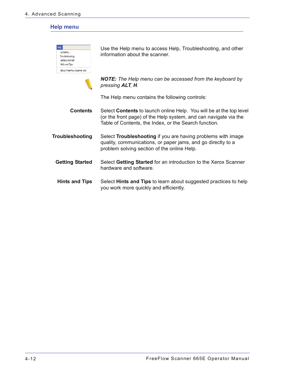 Help menu, Help menu -12 | Xerox 701P44148 User Manual | Page 102 / 188