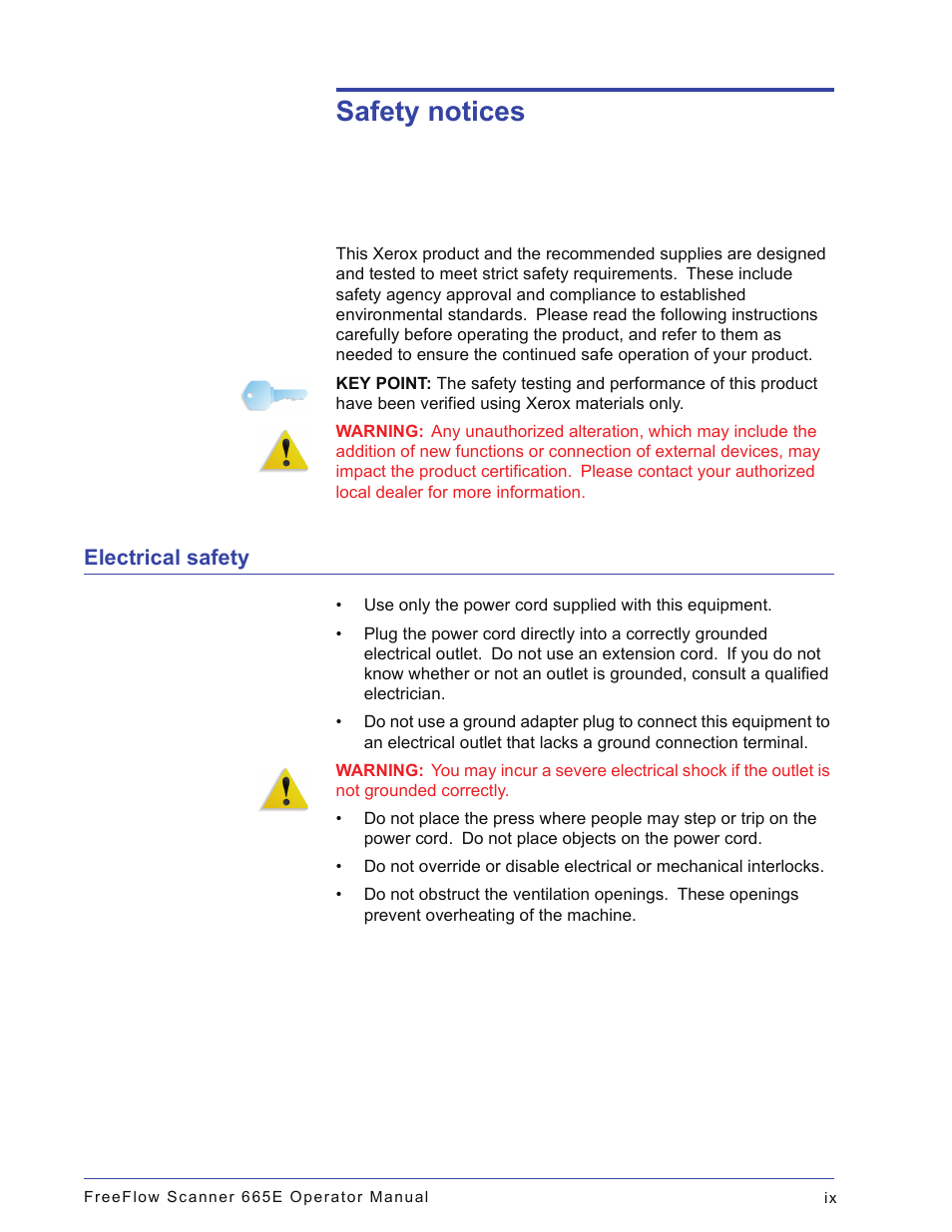 Safety notices, Electrical safety | Xerox 701P44148 User Manual | Page 11 / 188