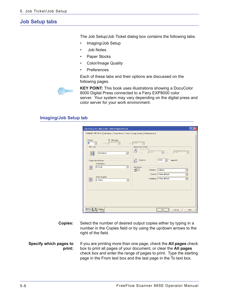 Job setup tabs, Imaging/job setup tab, Job setup tabs -6 | Imaging/job setup tab -6 | Xerox 701P44148 User Manual | Page 134 / 188