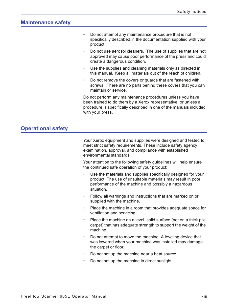 Maintenance safety, Operational safety | Xerox 701P44148 User Manual | Page 15 / 188