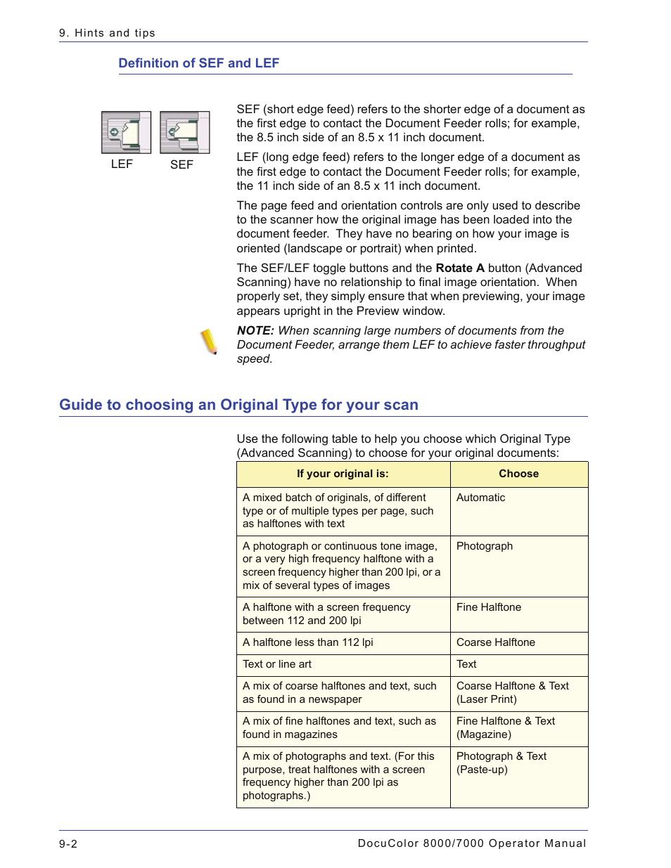 Definition of sef and lef, Guide to choosing an original type for your scan, Definition of sef and lef -2 | Xerox 701P44148 User Manual | Page 170 / 188