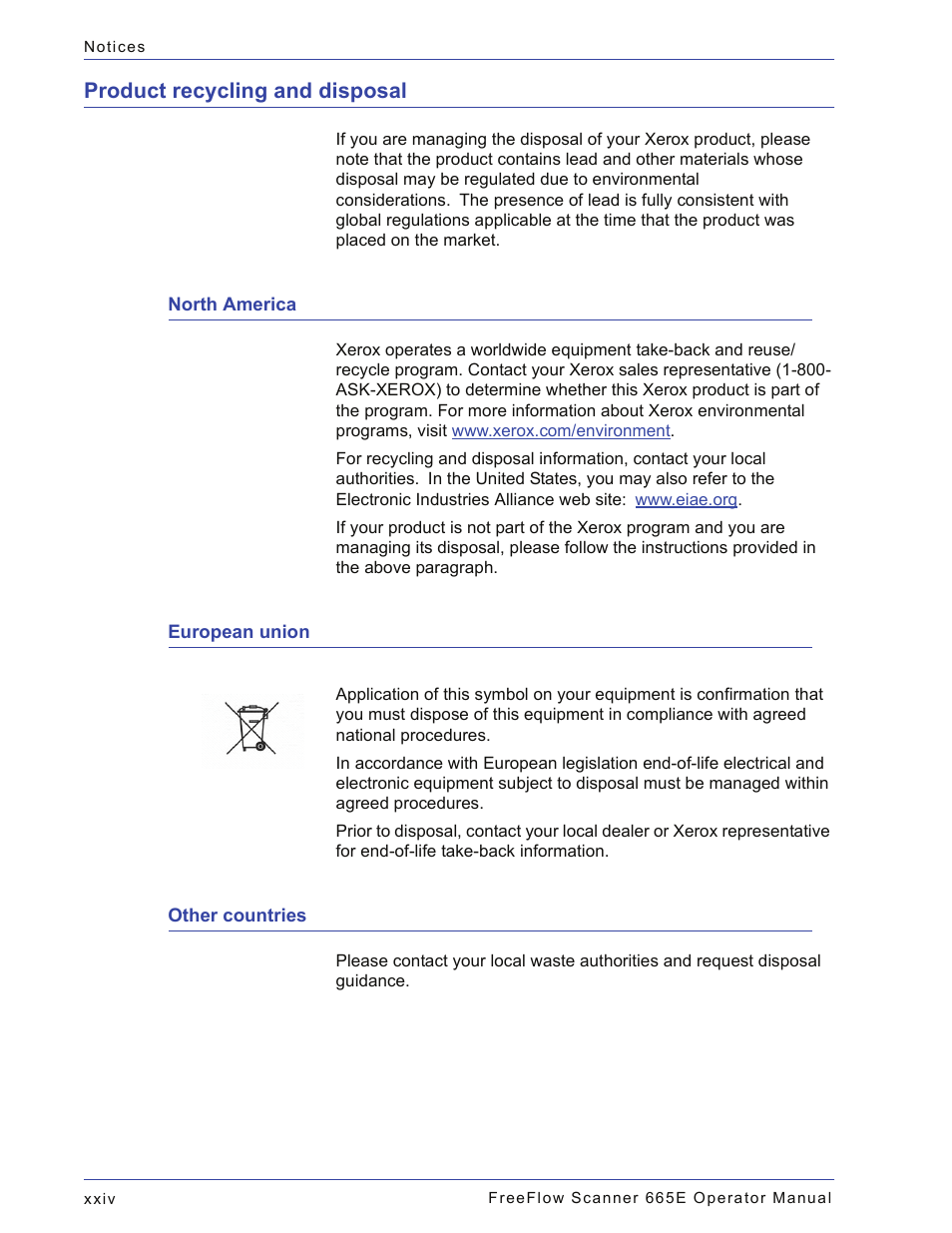 Product recycling and disposal, North america, European union | Other countries | Xerox 701P44148 User Manual | Page 26 / 188