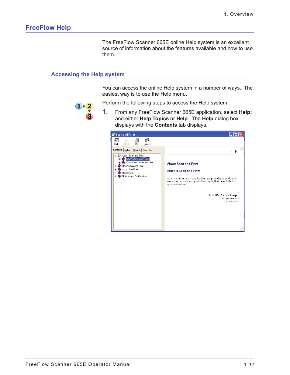 Freeflow help, Accessing the help system, Freeflow help -17 | Accessing the help system -17 | Xerox 701P44148 User Manual | Page 43 / 188