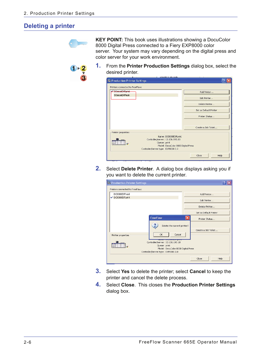 Deleting a printer, Deleting a printer -6 | Xerox 701P44148 User Manual | Page 56 / 188