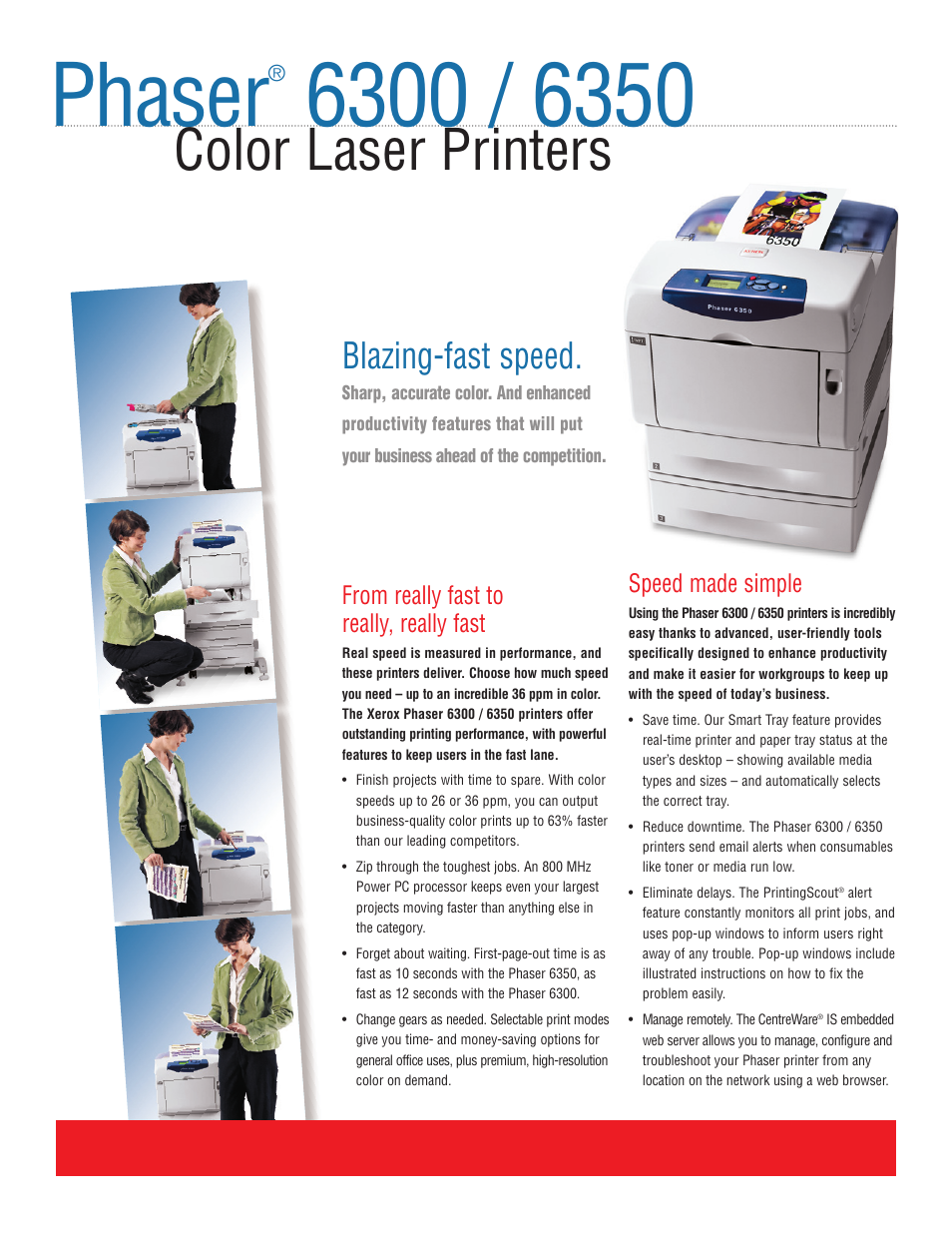 Phaser, Color laser printers, Blazing-fast speed | Speed made simple | Xerox 6350 User Manual | Page 2 / 4