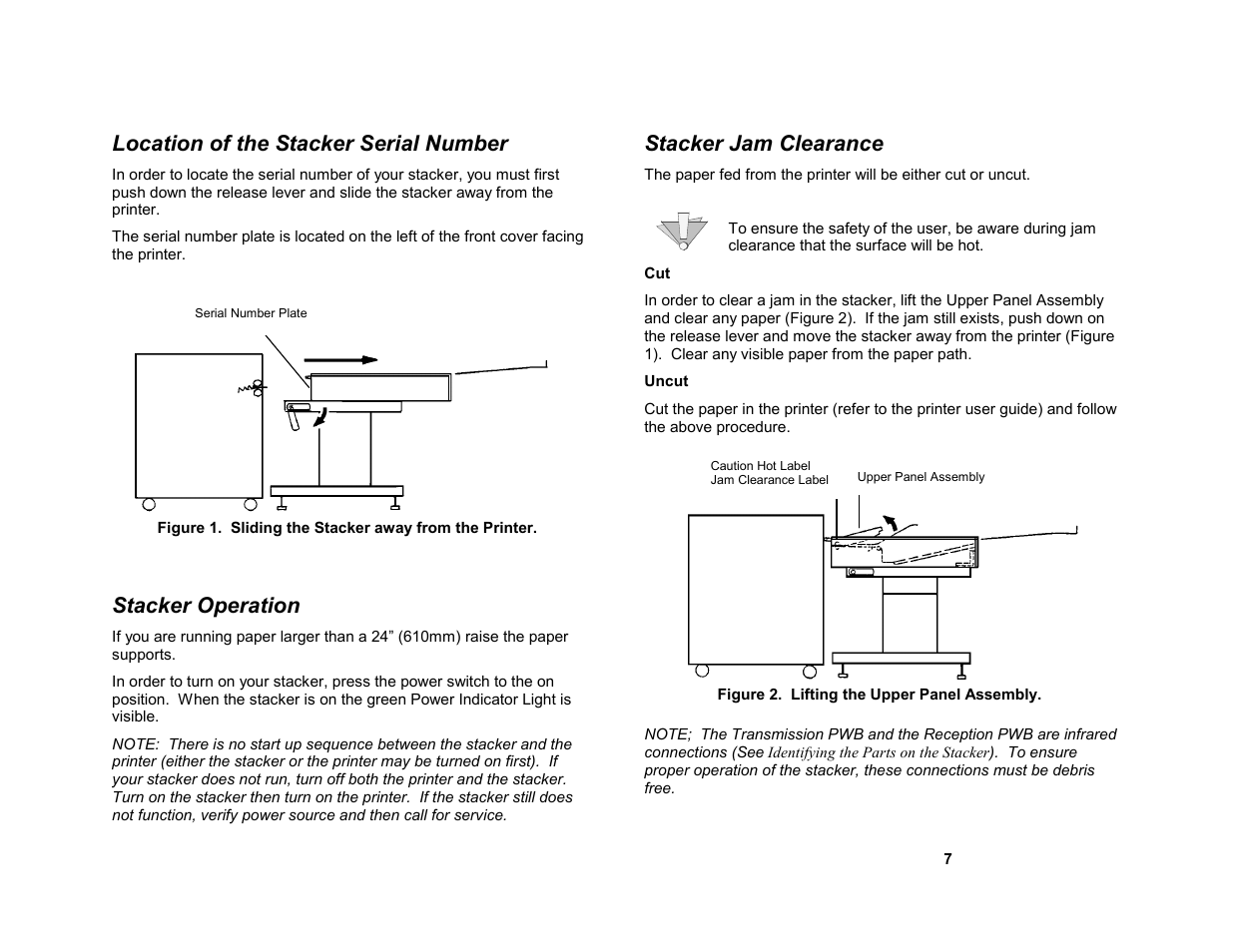 Location of the stacker serial number, Stacker operation, Stacker jam clearance | Caution | Xerox STACKER 8855/721P User Manual | Page 9 / 11