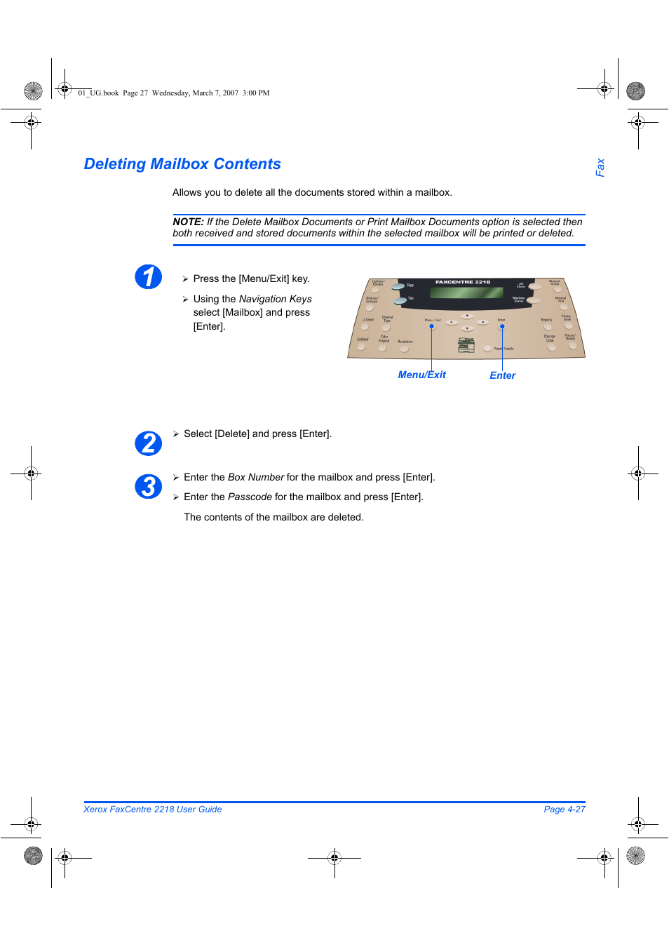 Deleting mailbox contents | Xerox FaxCentre 2218 User Manual | Page 101 / 212