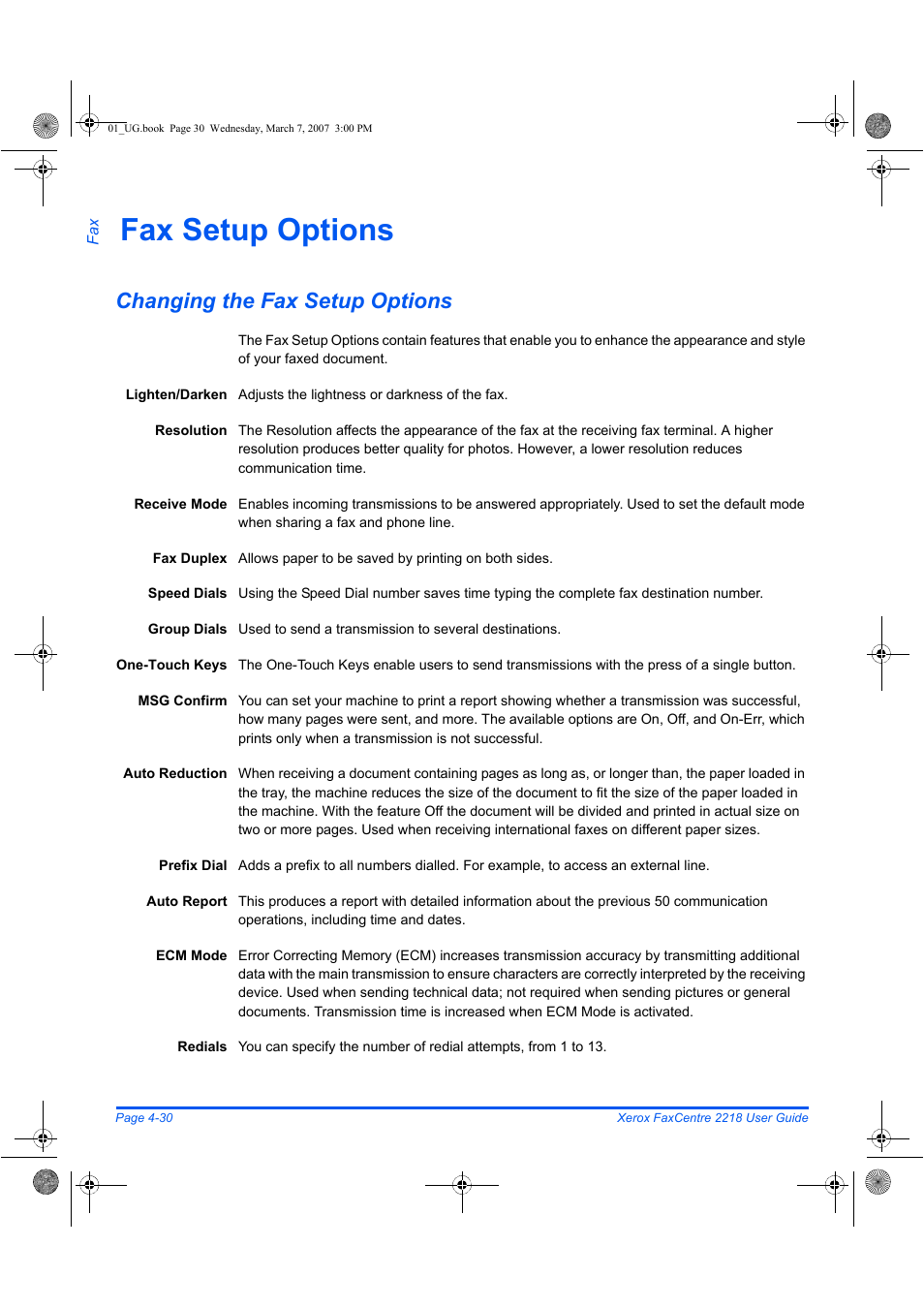 Fax setup options, Changing the fax setup options | Xerox FaxCentre 2218 User Manual | Page 104 / 212