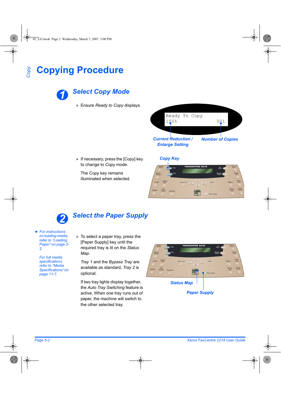 Copying procedure, Select copy mode select the paper supply | Xerox FaxCentre 2218 User Manual | Page 114 / 212