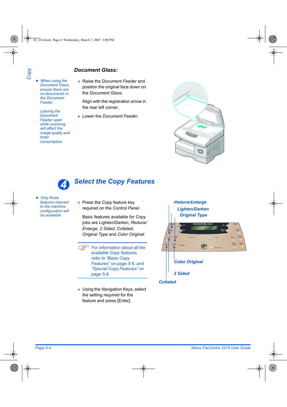 Select the copy features | Xerox FaxCentre 2218 User Manual | Page 116 / 212