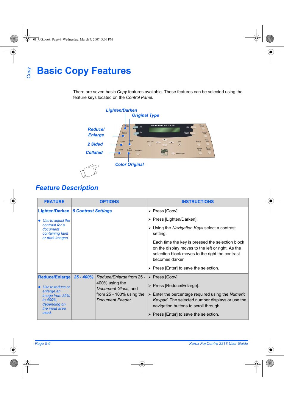 Basic copy features, Feature description | Xerox FaxCentre 2218 User Manual | Page 118 / 212