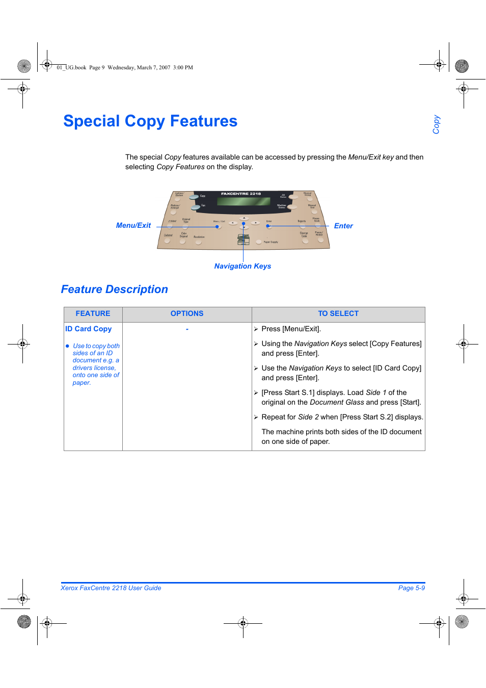 Special copy features, Feature description | Xerox FaxCentre 2218 User Manual | Page 121 / 212