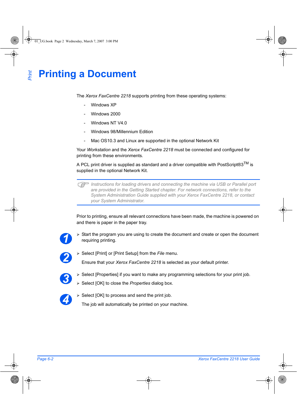 Printing a document | Xerox FaxCentre 2218 User Manual | Page 128 / 212