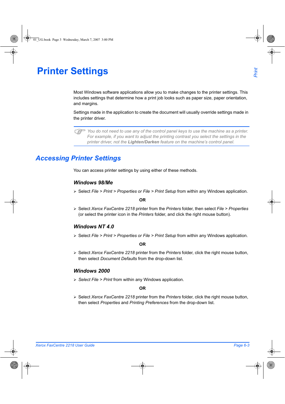 Printer settings, Accessing printer settings | Xerox FaxCentre 2218 User Manual | Page 129 / 212