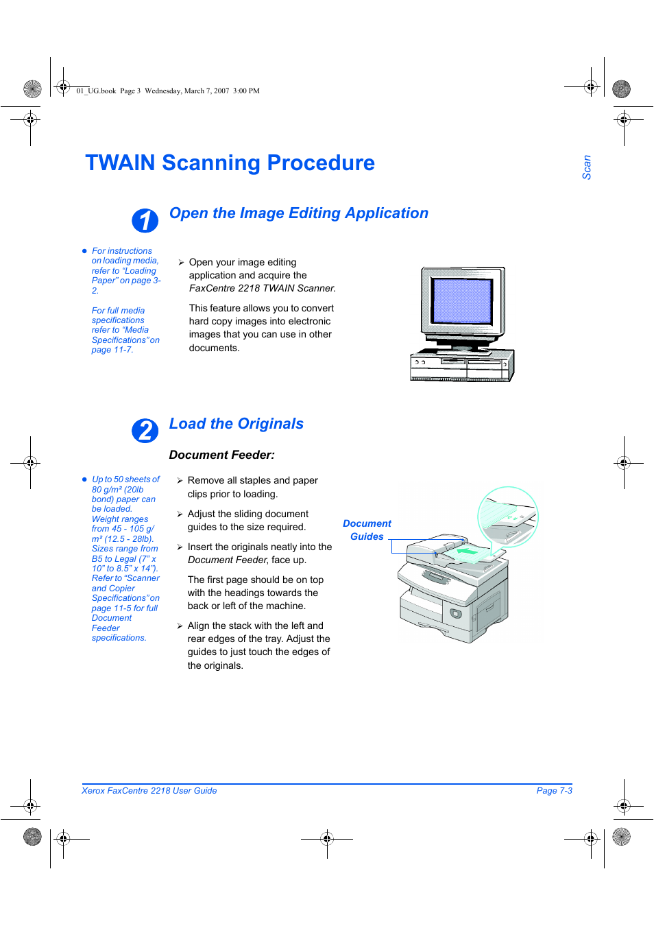 Twain scanning procedure, Open the image editing application, Load the originals | Xerox FaxCentre 2218 User Manual | Page 141 / 212
