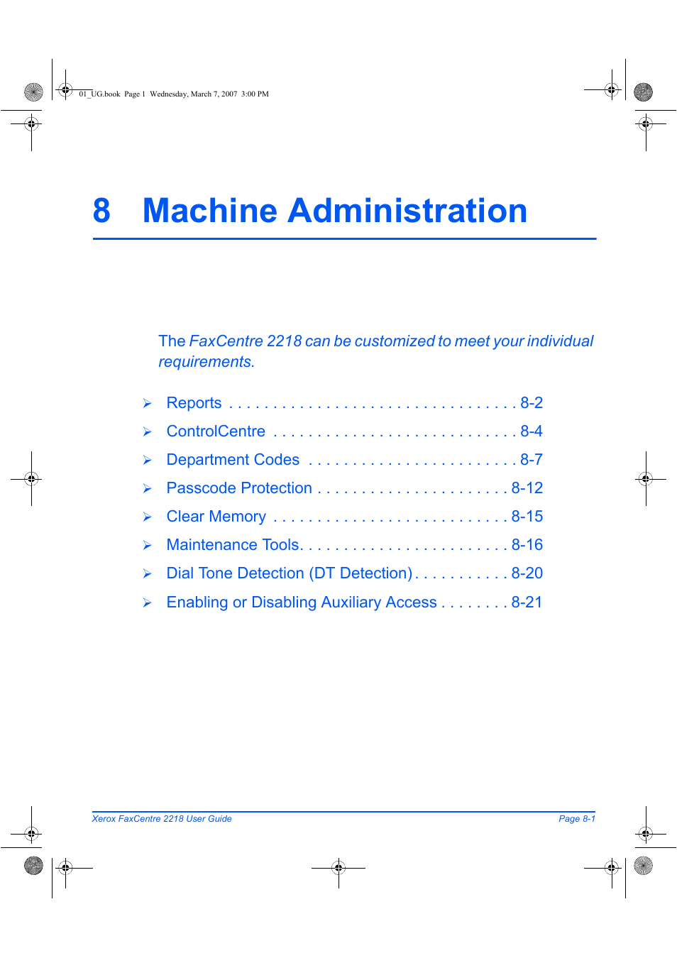 8 machine administration | Xerox FaxCentre 2218 User Manual | Page 147 / 212