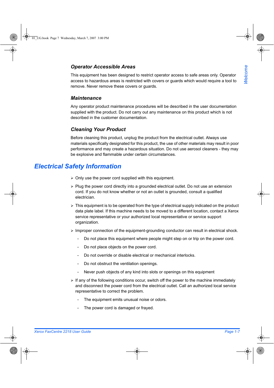 Electrical safety information | Xerox FaxCentre 2218 User Manual | Page 15 / 212