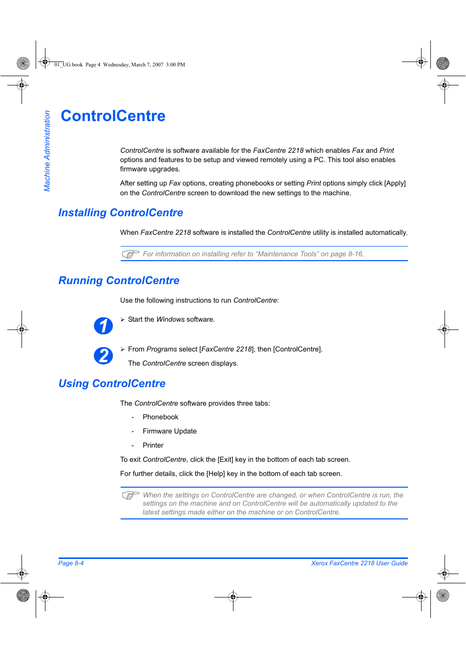 Controlcentre, Installing controlcentre, Running controlcentre | Using controlcentre | Xerox FaxCentre 2218 User Manual | Page 150 / 212