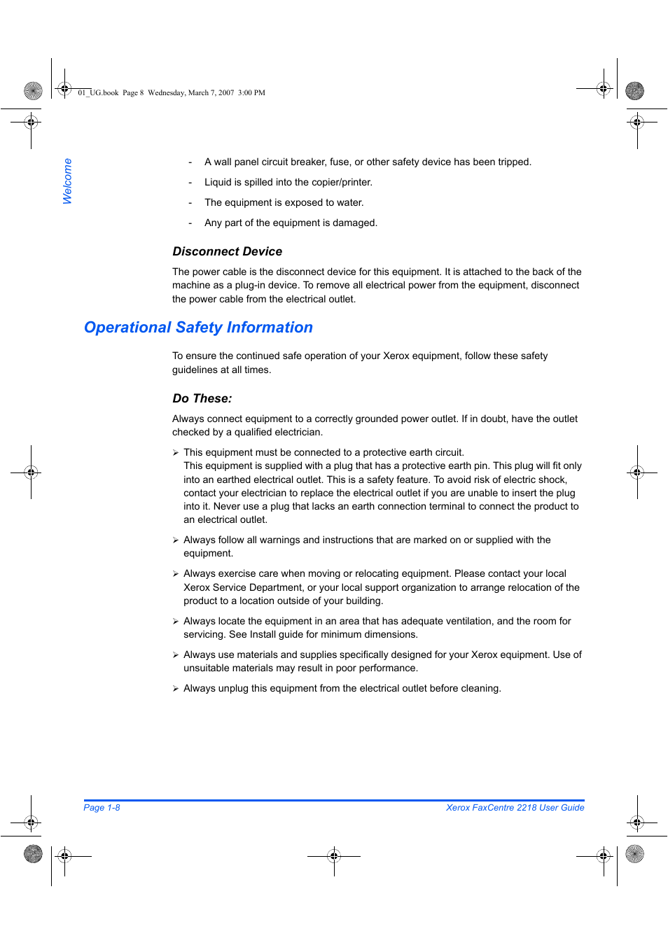 Operational safety information | Xerox FaxCentre 2218 User Manual | Page 16 / 212