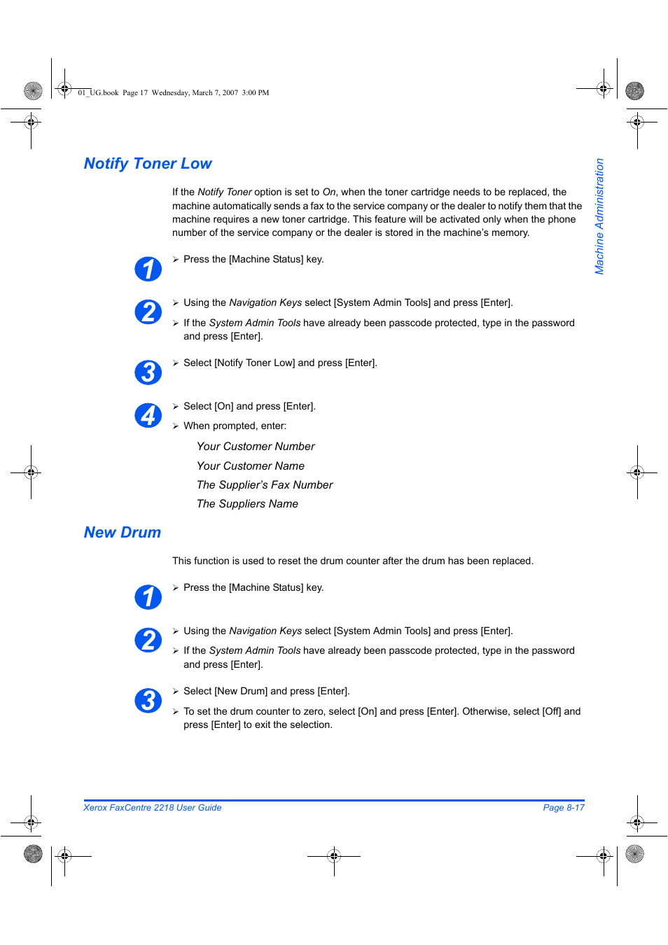 Notify toner low, New drum | Xerox FaxCentre 2218 User Manual | Page 163 / 212