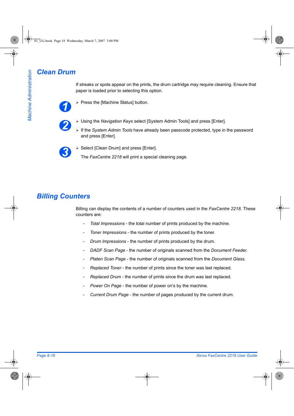 Clean drum, Billing counters | Xerox FaxCentre 2218 User Manual | Page 164 / 212