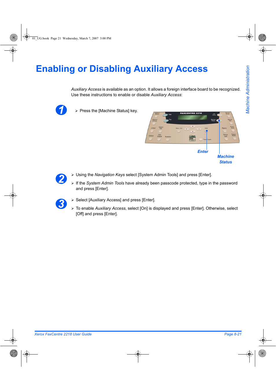 Enabling or disabling auxiliary access | Xerox FaxCentre 2218 User Manual | Page 167 / 212