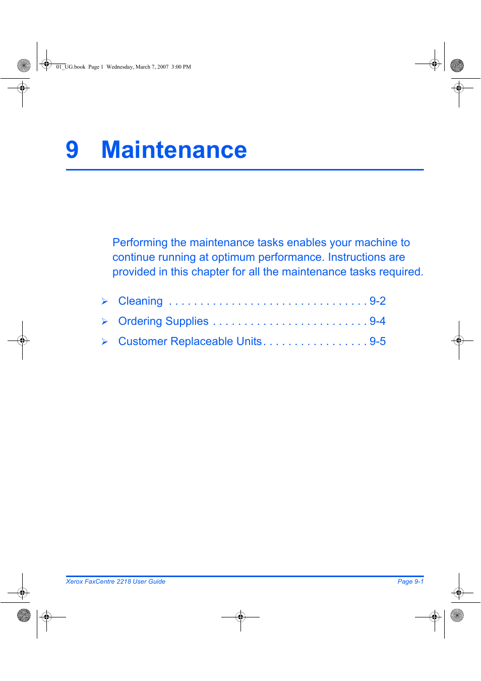 9 maintenance | Xerox FaxCentre 2218 User Manual | Page 169 / 212