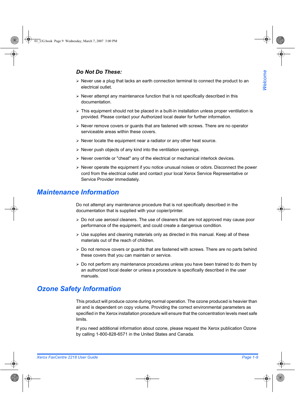 Maintenance information, Ozone safety information | Xerox FaxCentre 2218 User Manual | Page 17 / 212