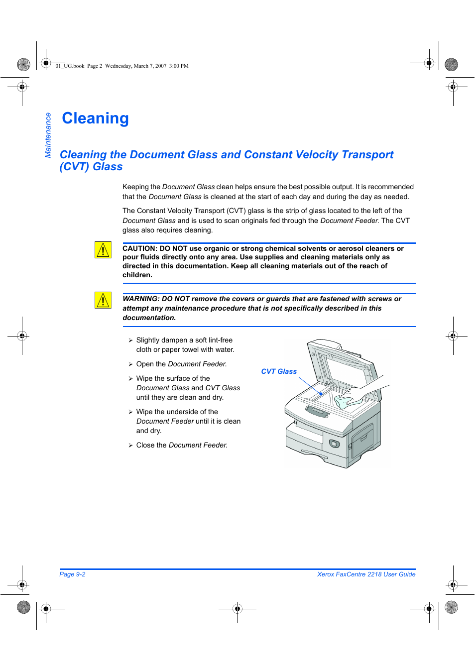 Cleaning | Xerox FaxCentre 2218 User Manual | Page 170 / 212