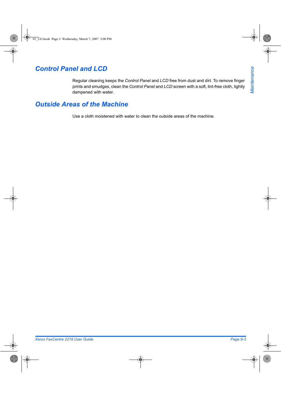 Control panel and lcd, Outside areas of the machine | Xerox FaxCentre 2218 User Manual | Page 171 / 212