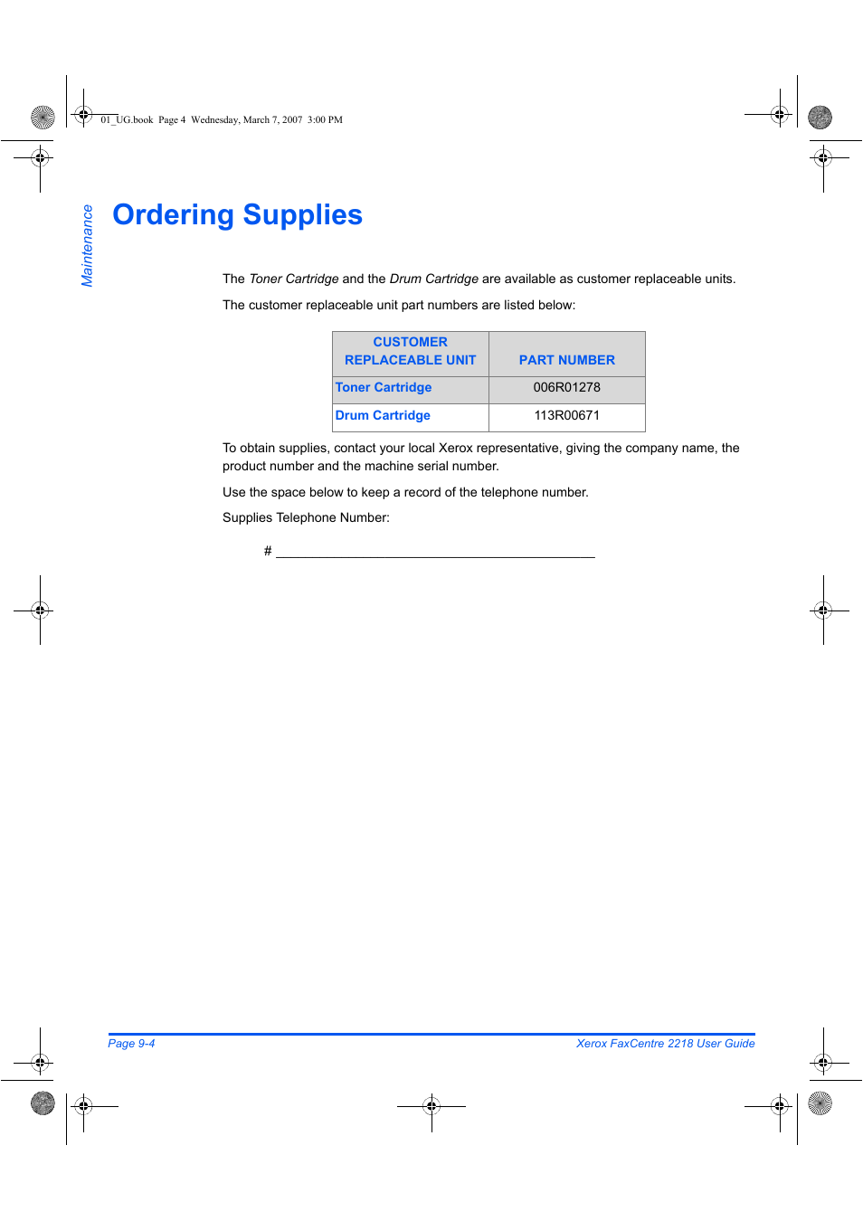 Ordering supplies | Xerox FaxCentre 2218 User Manual | Page 172 / 212