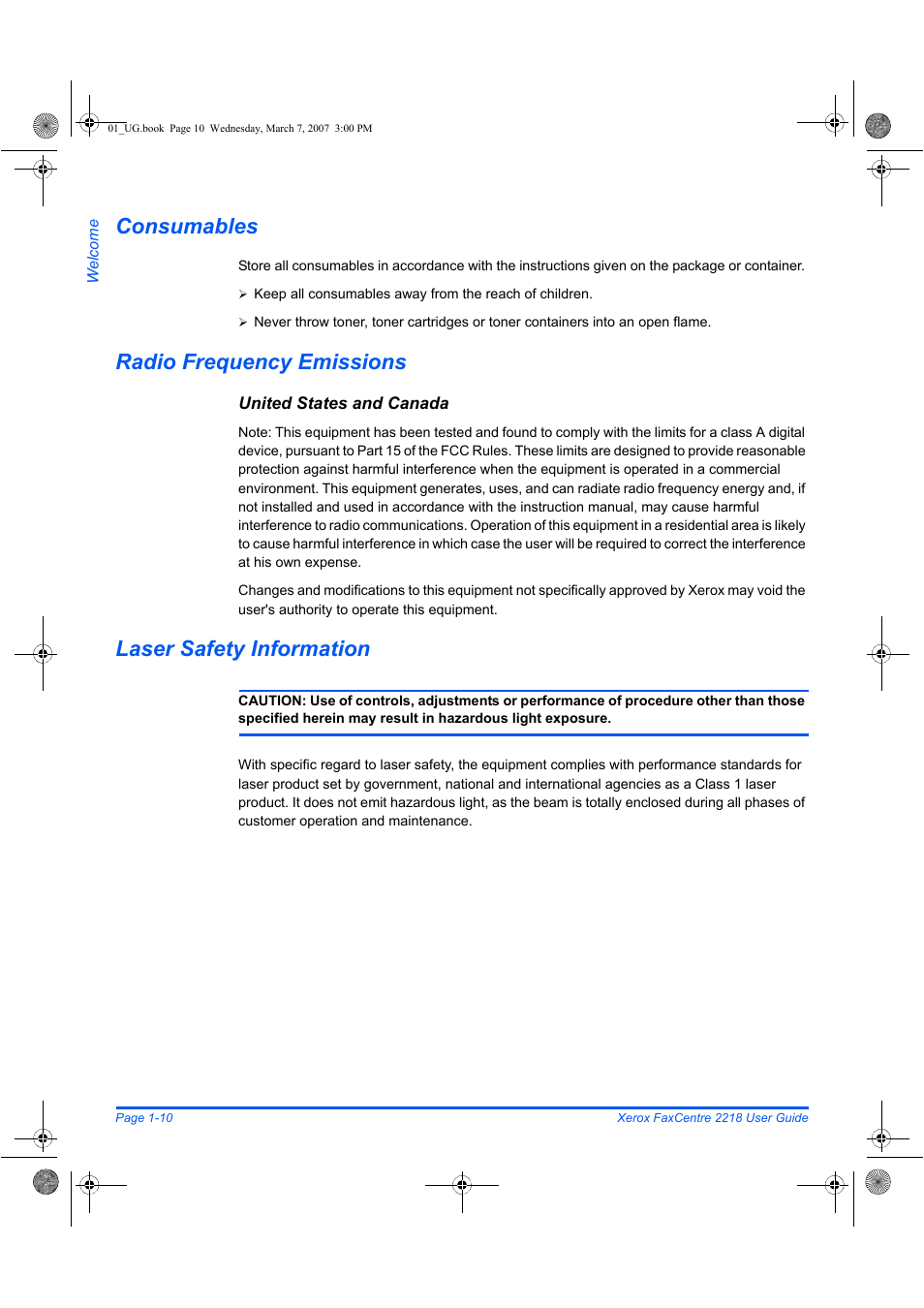Consumables, Radio frequency emissions, Laser safety information | Xerox FaxCentre 2218 User Manual | Page 18 / 212