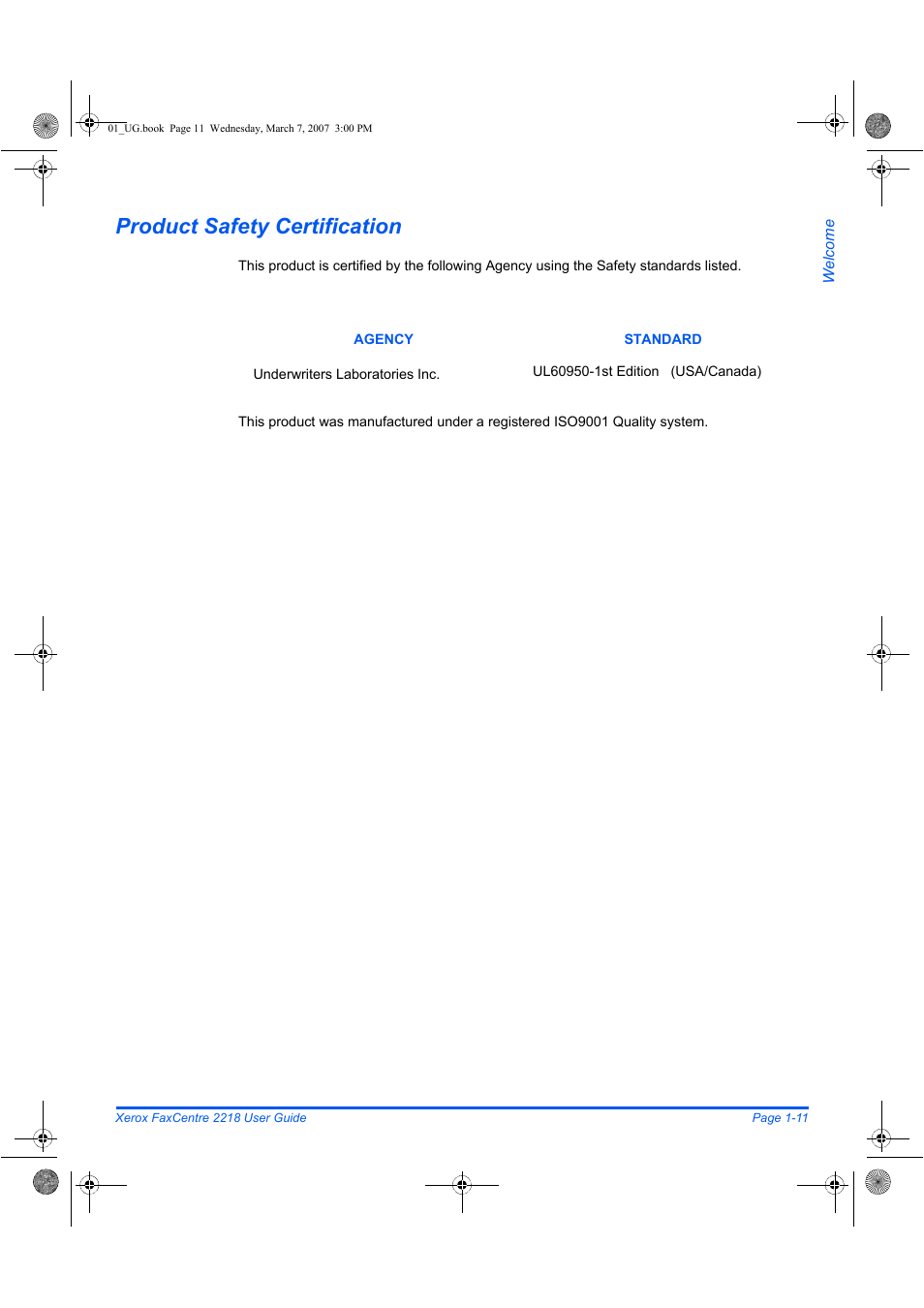 Product safety certification | Xerox FaxCentre 2218 User Manual | Page 19 / 212